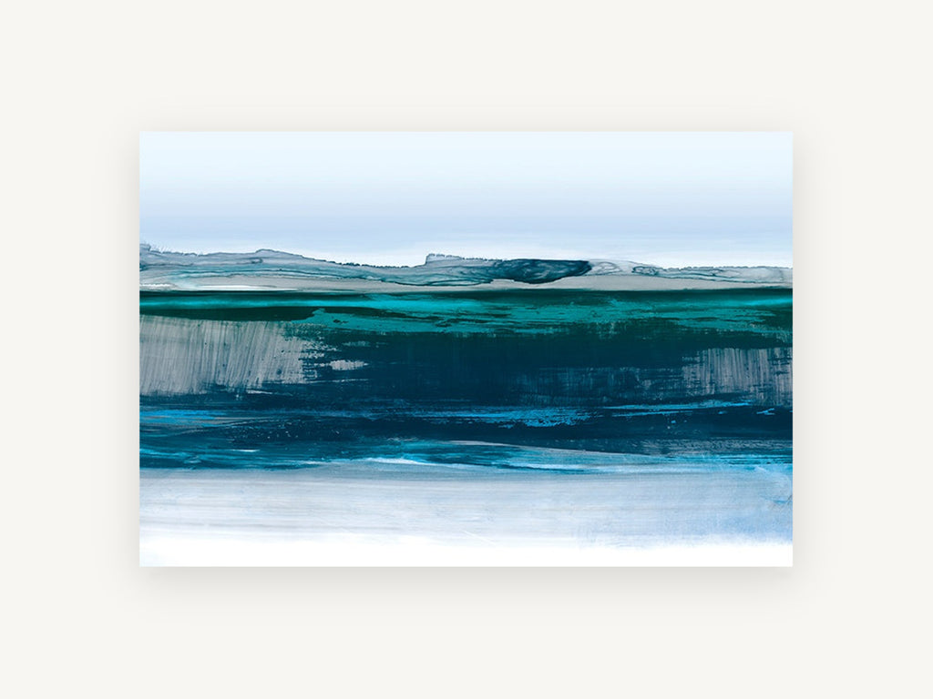 Glacial Teal Shoreline, teal blue abstract landscape, landscape canvas wall art print, front view
