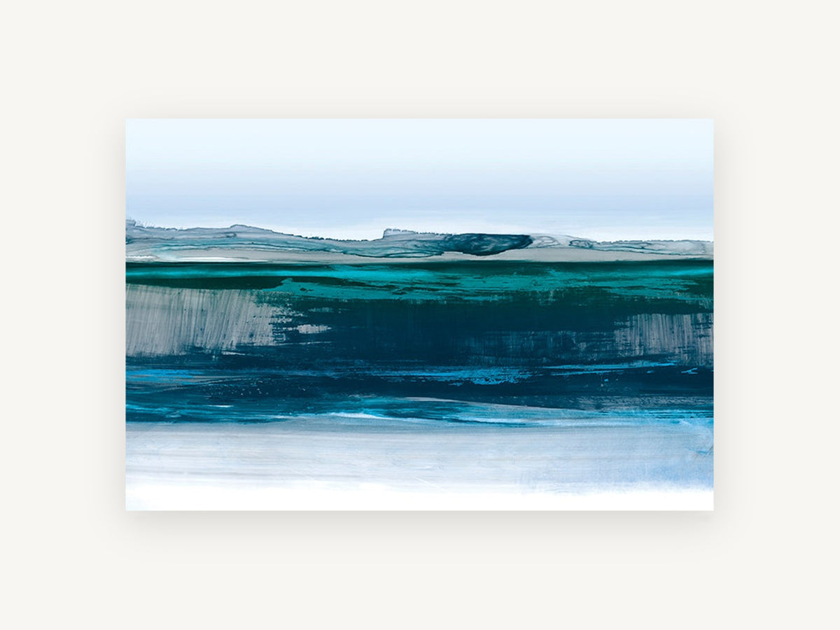 Glacial Teal Shoreline, teal blue abstract landscape, landscape canvas wall art print, front view