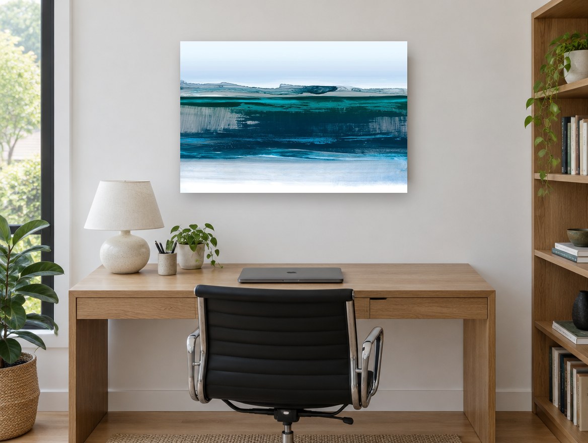 Glacial Teal Shoreline landscape canvas print on the wall of a study