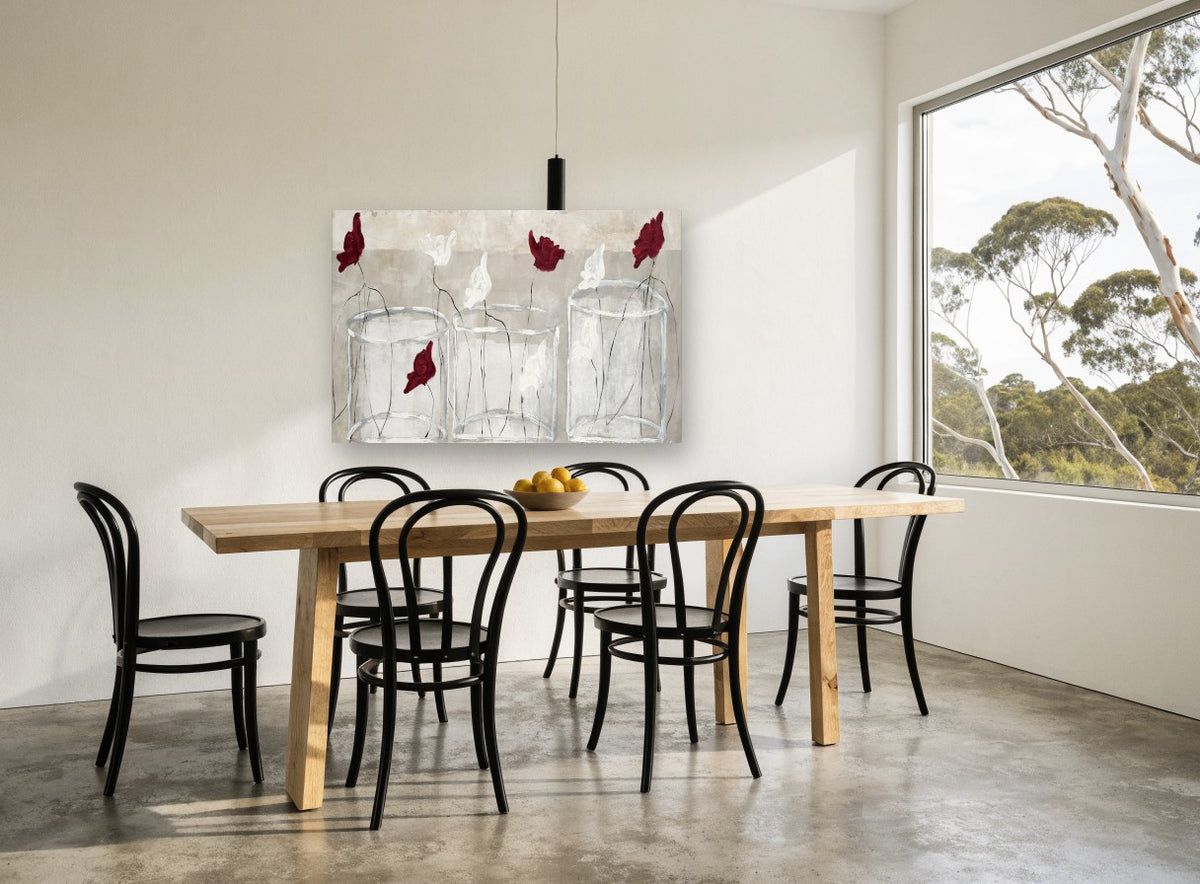 Glass Jars Red Poppies floral canvas print on the wall of a dining room