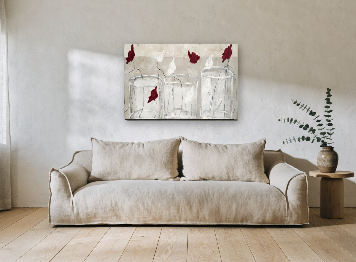 Glass Jars Red Poppies floral canvas print on the wall of a living room
