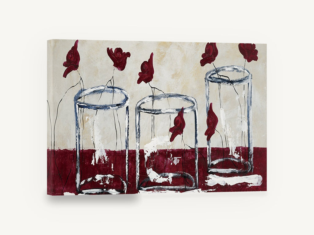 Three Glass Vases, red poppies in glass vases painting, floral canvas wall art print ready to hang