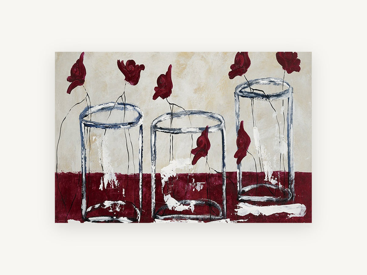Three Glass Vases, floral canvas wall art print, front view