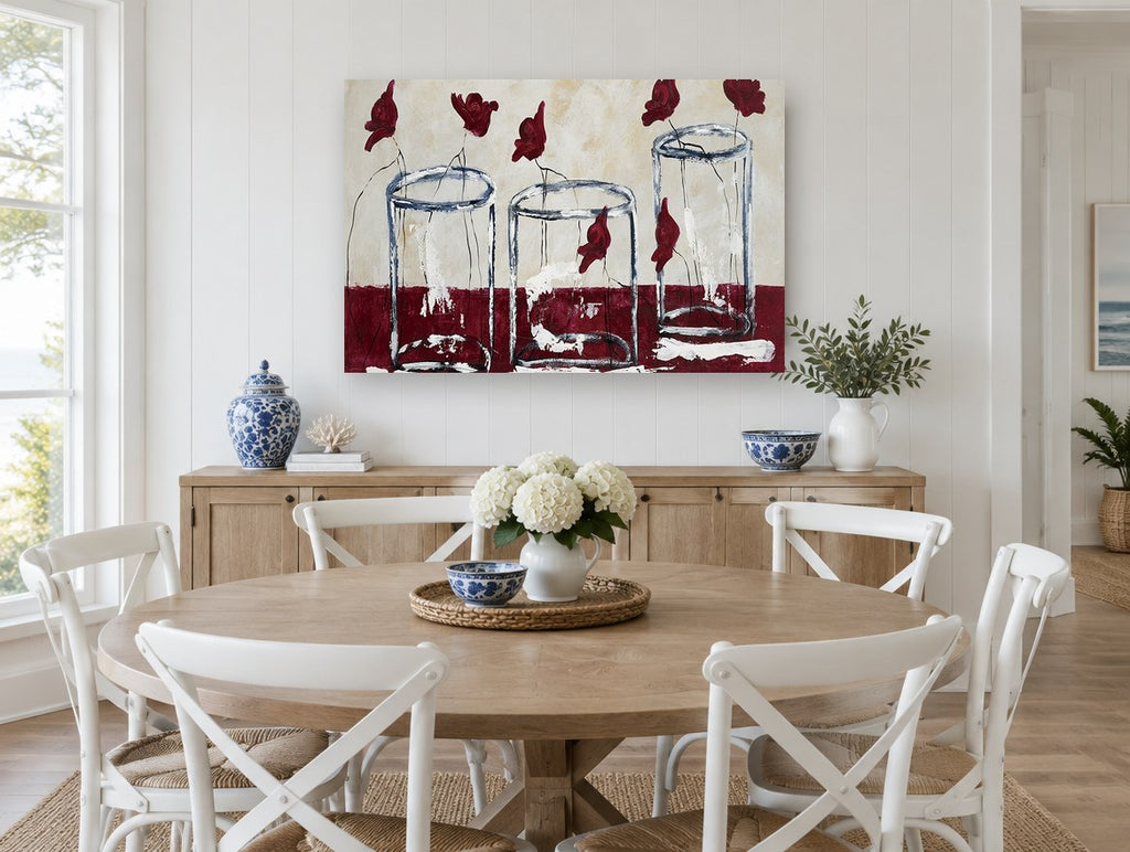 Three Glass Vases floral canvas print on the wall of a Hamptons dining room