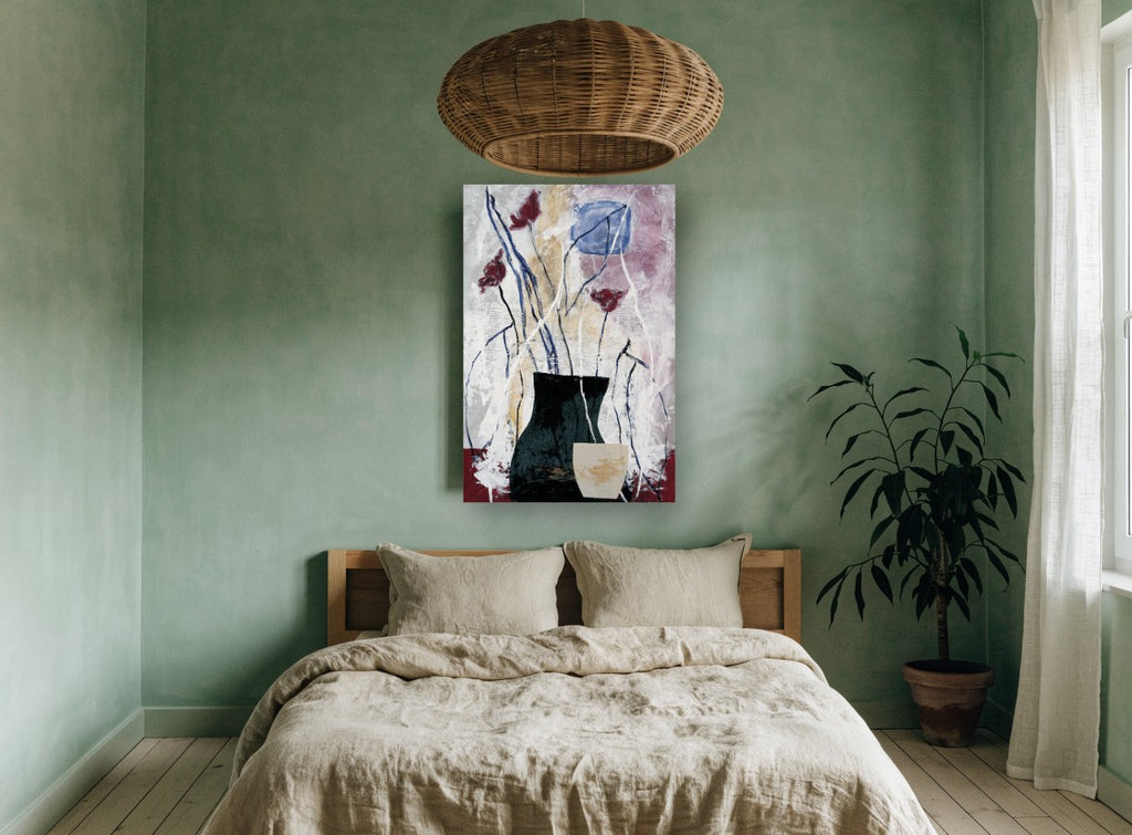Crimson Poppies in Dark Vase floral canvas print on the wall of a bedroom