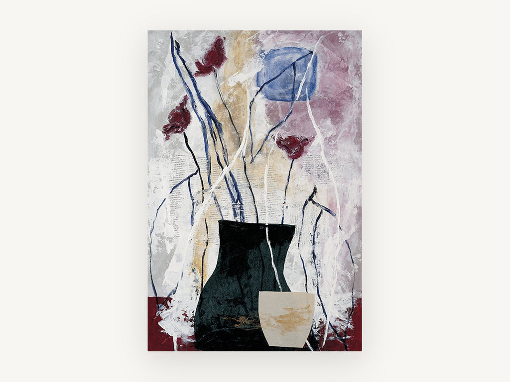 Crimson Poppies in Dark Vase, floral canvas wall art print, front view