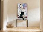Crimson Poppies in Dark Vase floral canvas print on the wall of a hallway