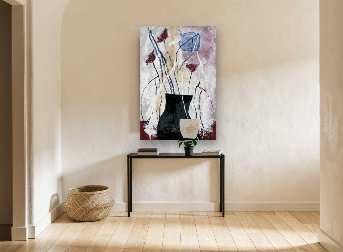 Crimson Poppies in Dark Vase floral canvas print on the wall of a hallway