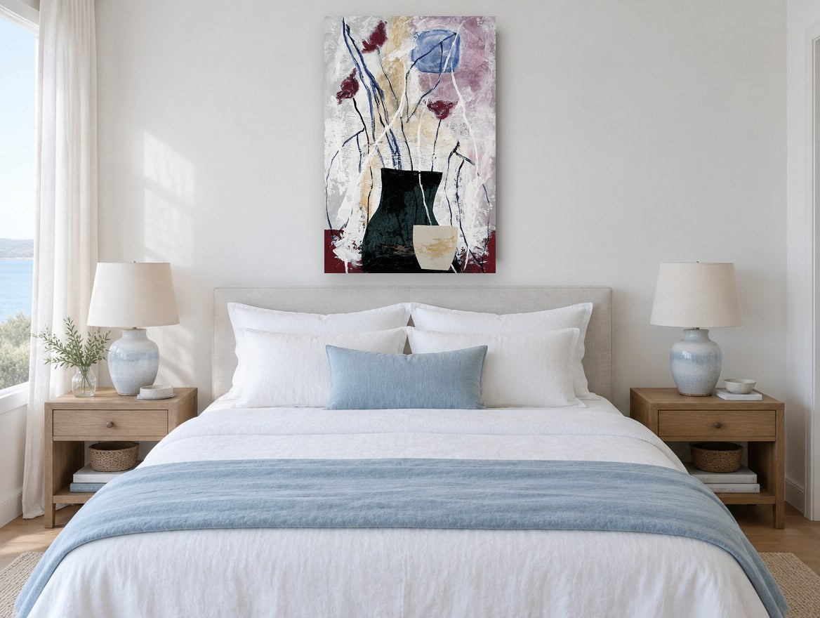 Crimson Poppies in Dark Vase floral canvas print on the wall of a coastal bedroom