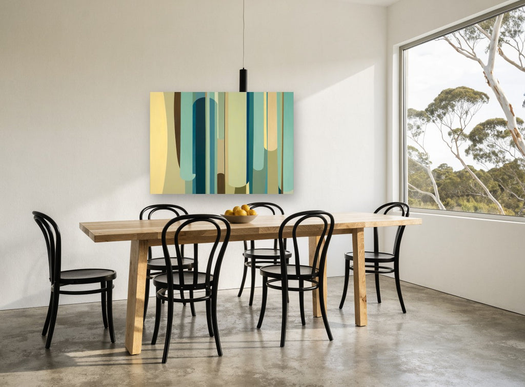 Teal Column Rhythm vintage canvas print on the wall of a dining room