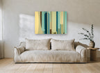 Teal Column Rhythm vintage canvas print on the wall of a living room