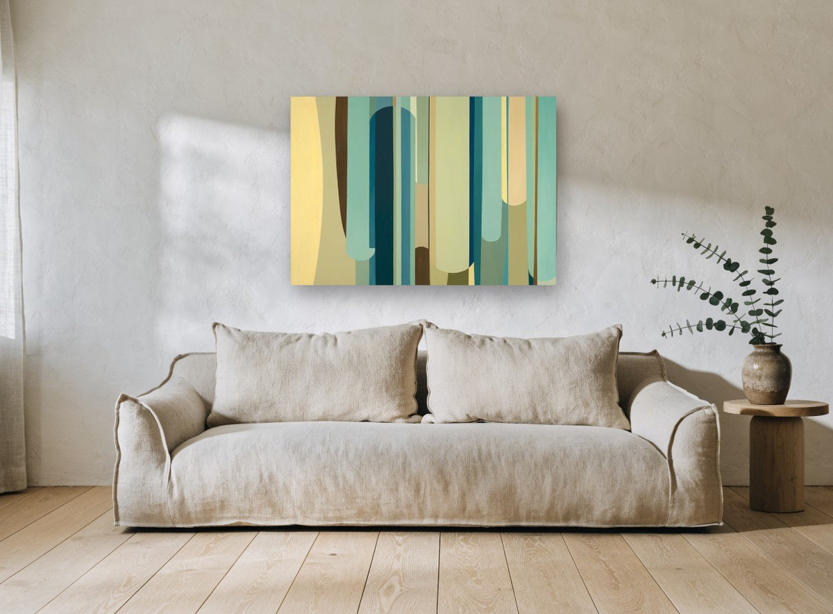 Teal Column Rhythm vintage canvas print on the wall of a living room