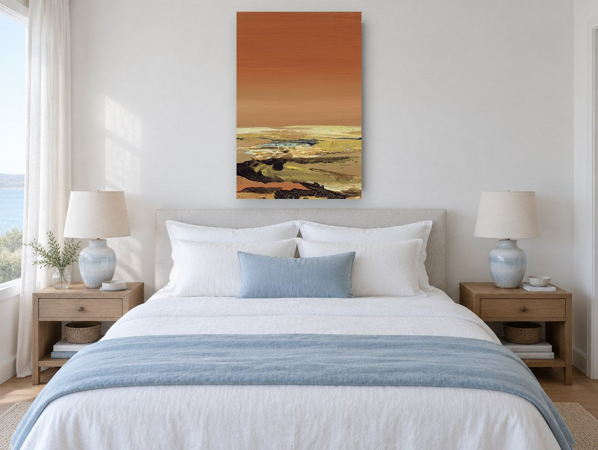 Rust Sky Plain landscape canvas print on the wall of a bedroom