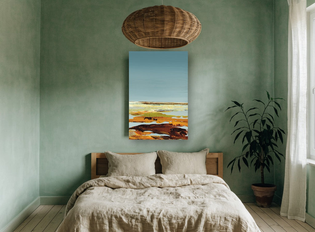 Quiet Ochre Shoreline landscape canvas print on the wall of a bedroom