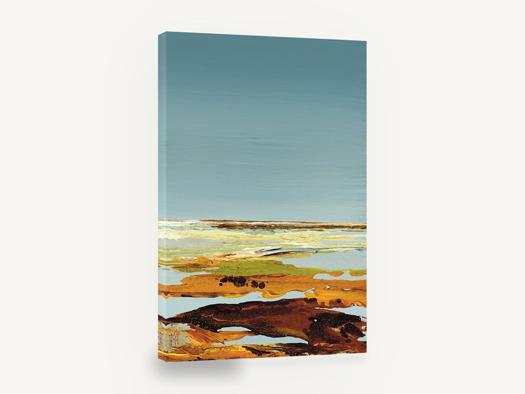 Quiet Ochre Shoreline, abstract landscape teal sky ochre, landscape canvas wall art print ready to hang