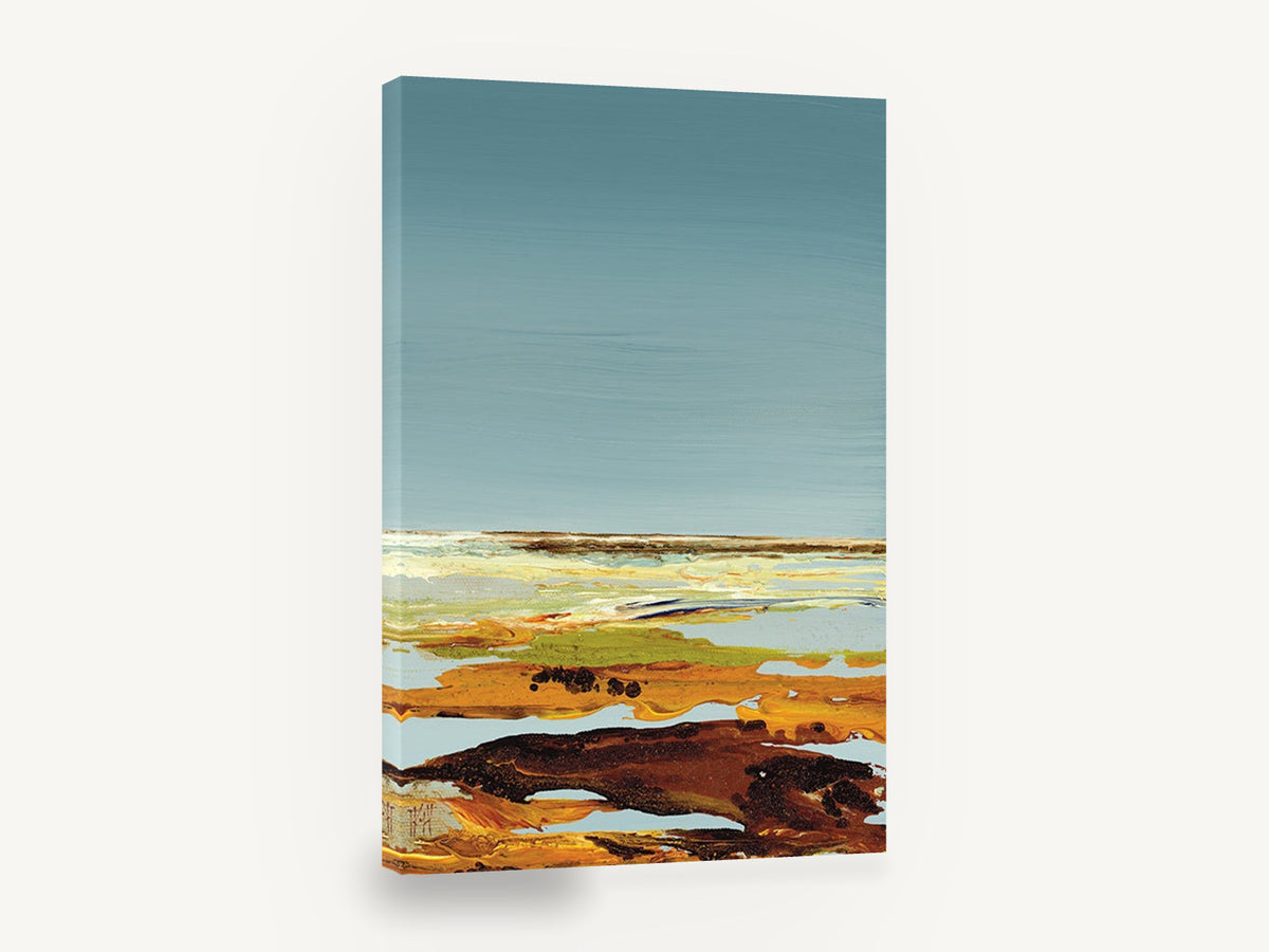 Quiet Ochre Shoreline, abstract landscape teal sky ochre, landscape canvas wall art print ready to hang