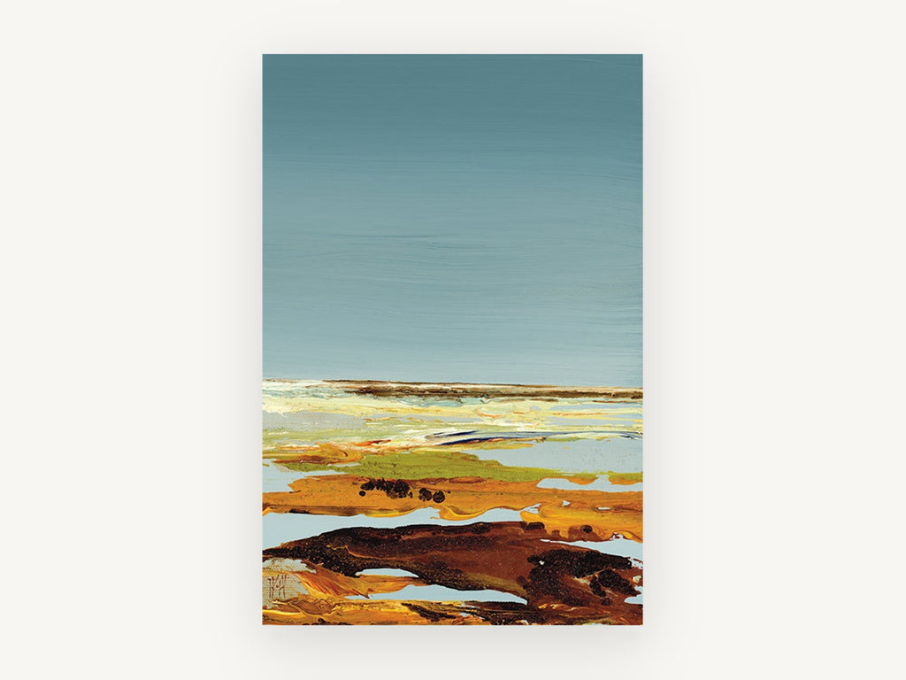 Quiet Ochre Shoreline, abstract landscape teal sky ochre, landscape canvas wall art print, front view