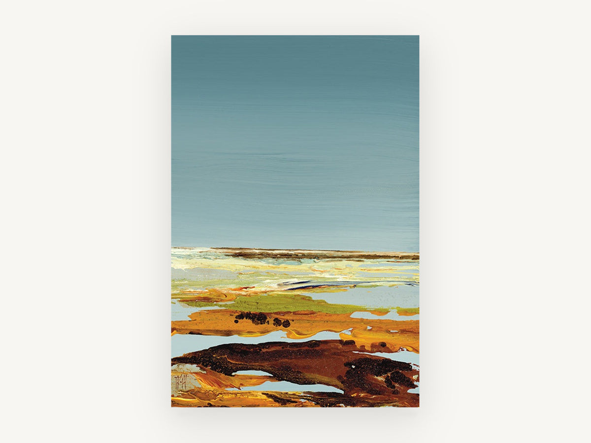 Quiet Ochre Shoreline, abstract landscape teal sky ochre, landscape canvas wall art print, front view
