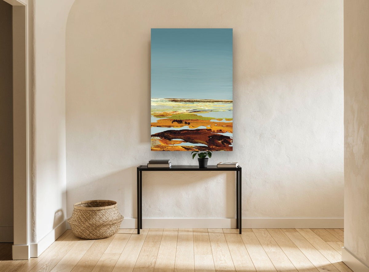 Quiet Ochre Shoreline landscape canvas print on the wall of a hallway