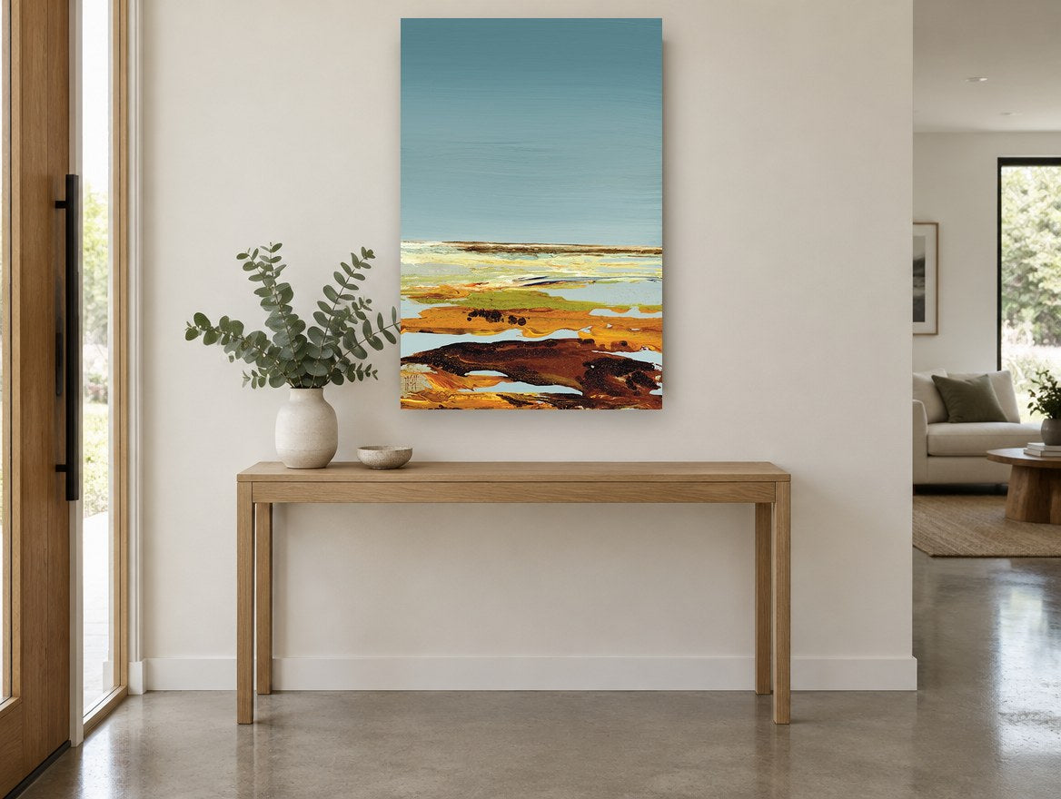 Quiet Ochre Shoreline landscape canvas print on the wall of a entry hall