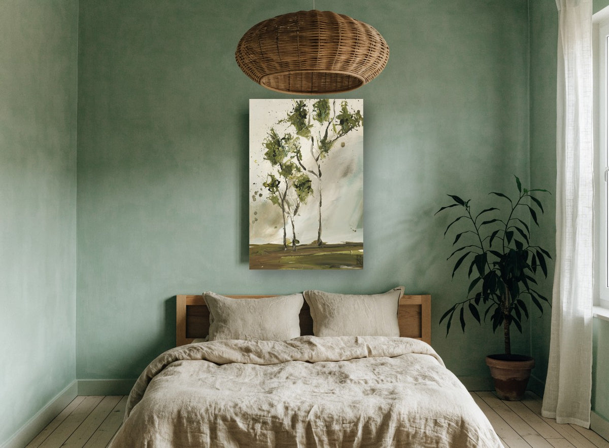 Windswept Green Trees landscape canvas print on the wall of a bedroom