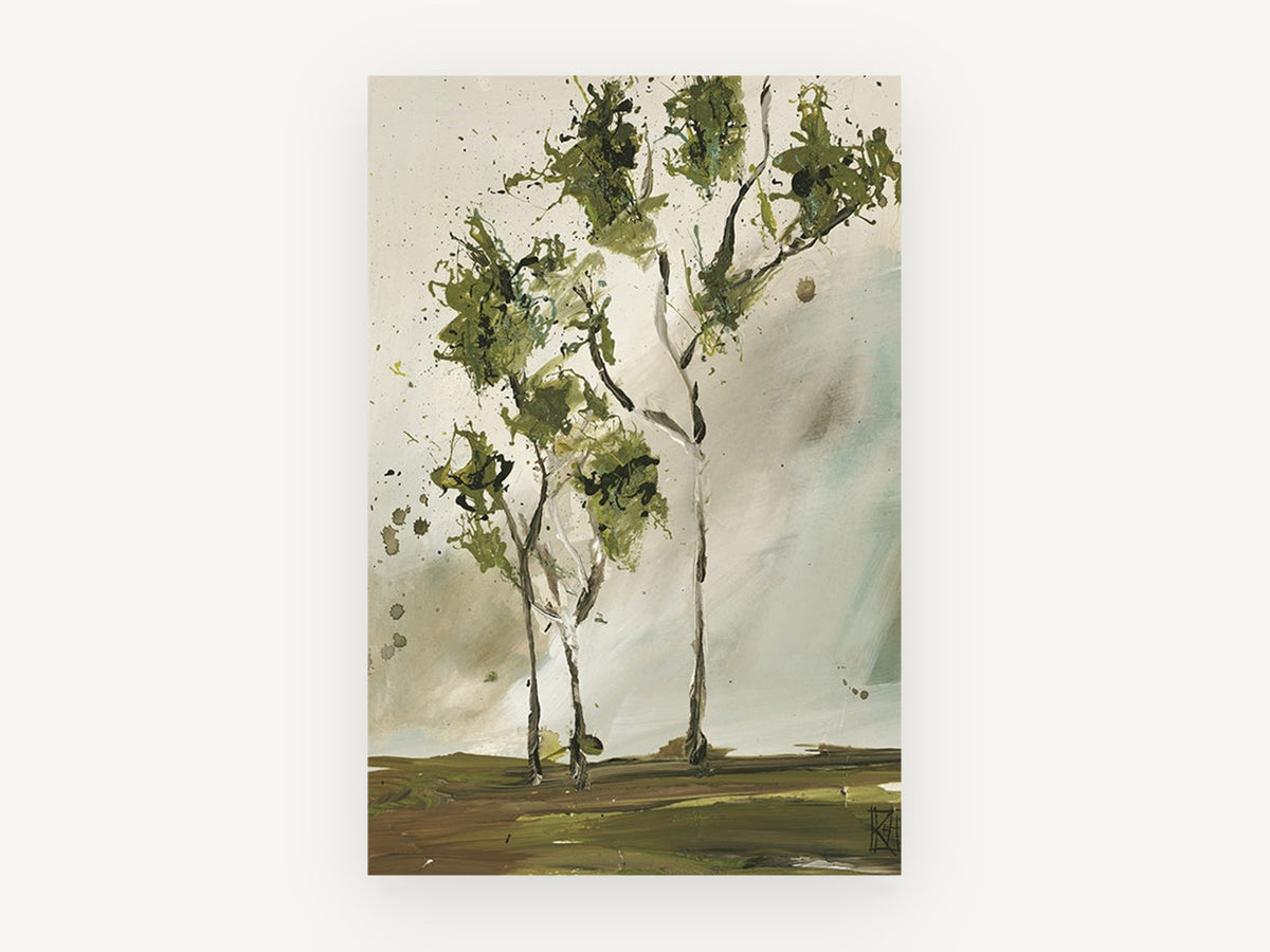 Windswept Green Trees, abstract gum trees portrait painting, landscape canvas wall art print, front view