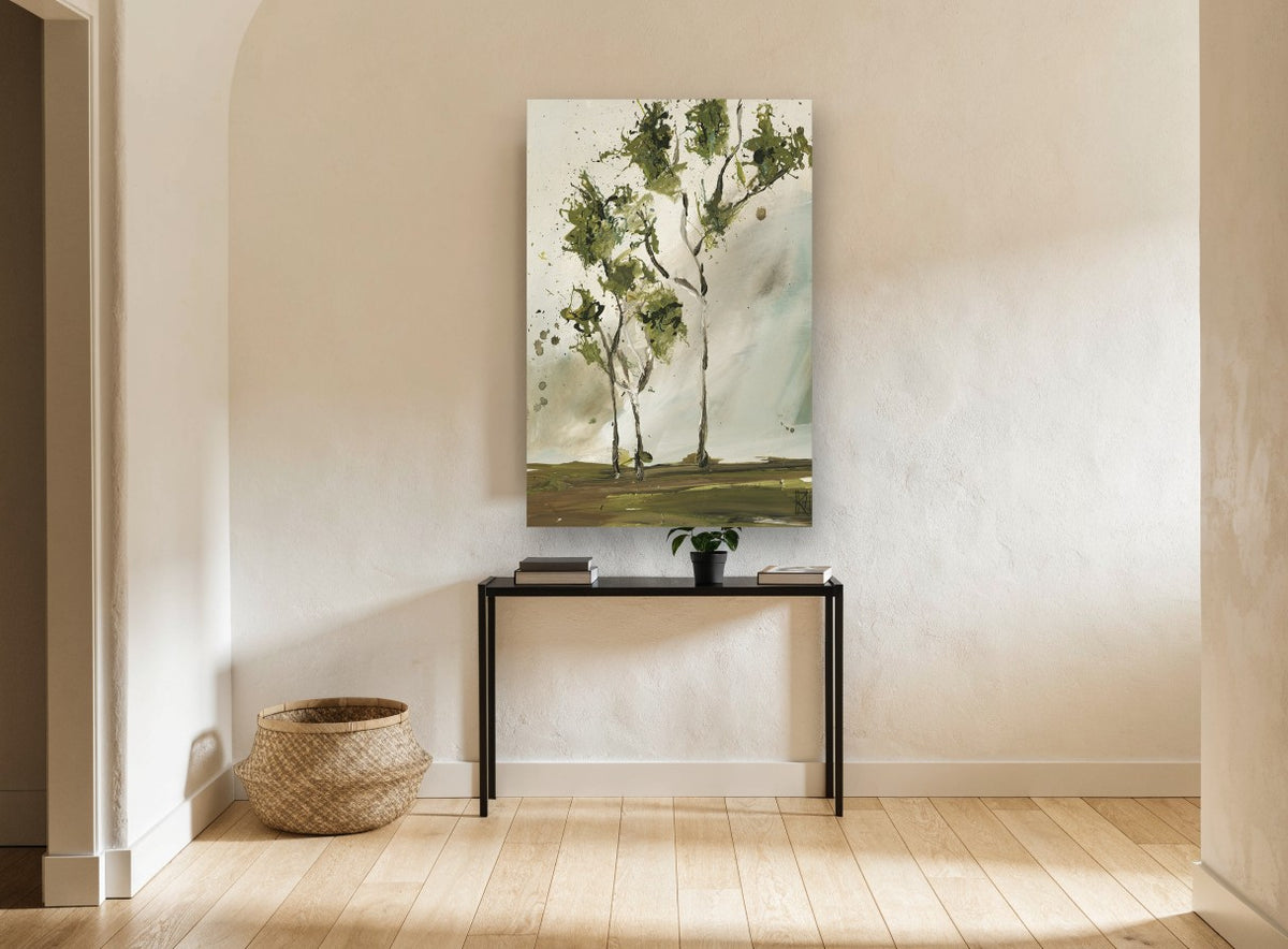 Windswept Green Trees landscape canvas print on the wall of a hallway