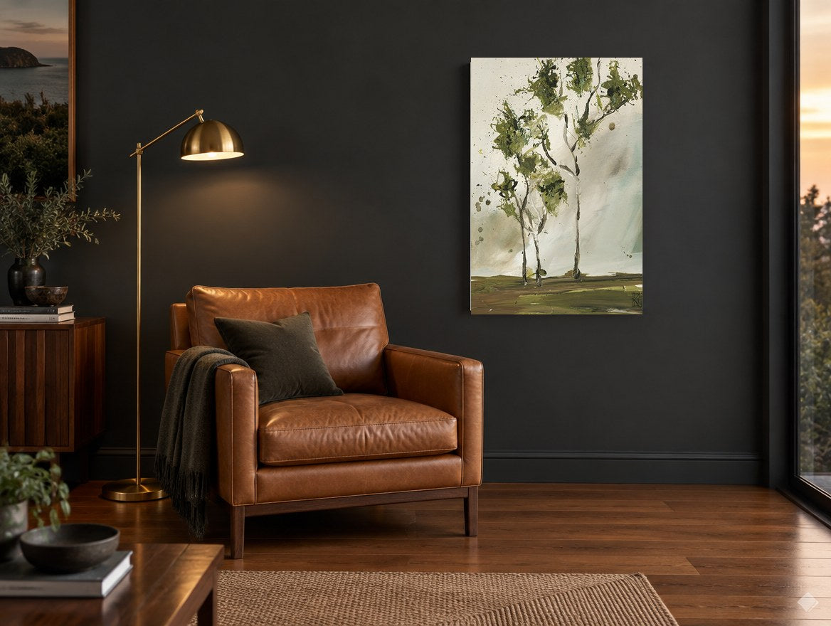 Windswept Green Trees landscape canvas print on the wall of a charcoal living room