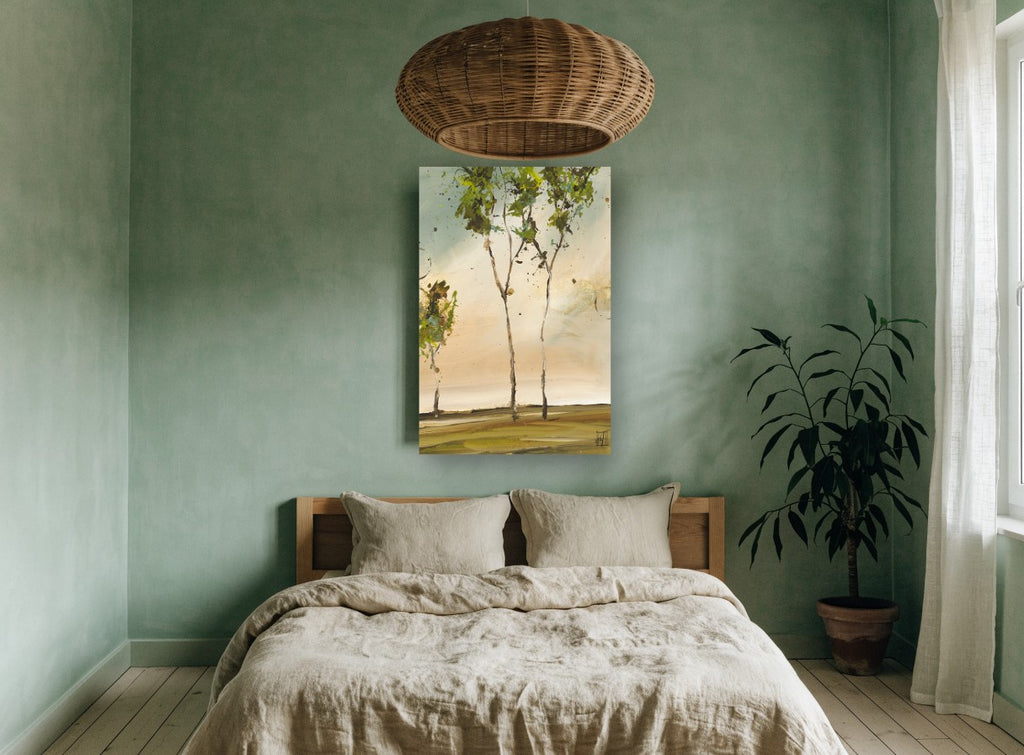 Three Slender Trees landscape canvas print on the wall of a bedroom