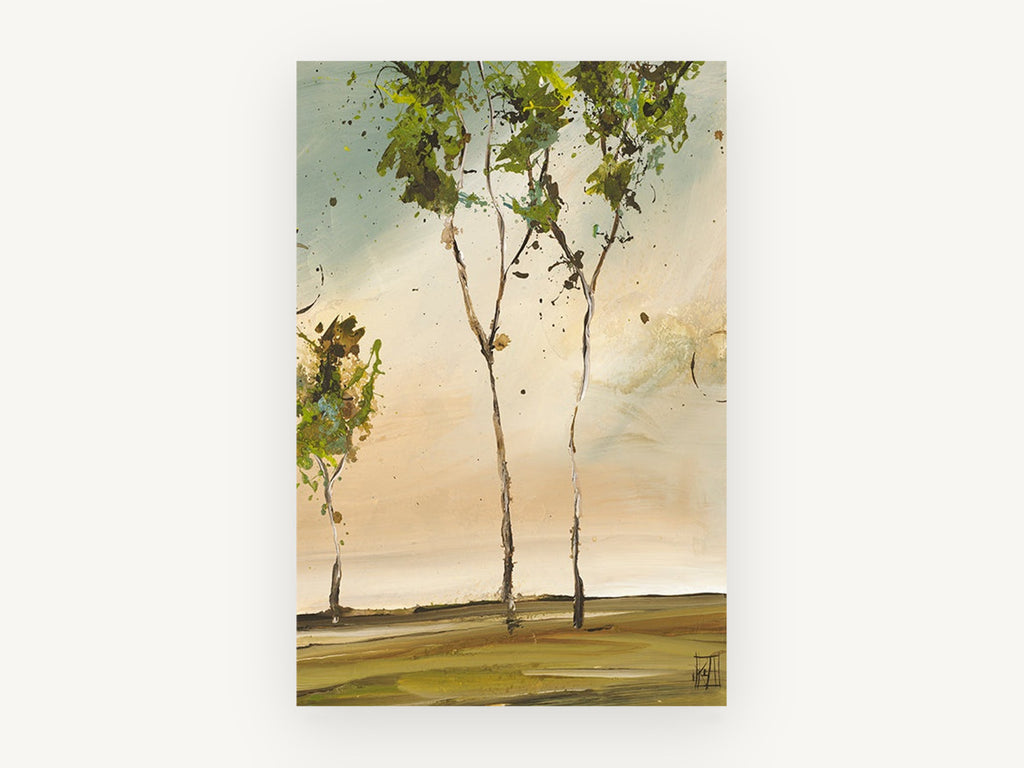 Three Slender Trees, tall slender trees abstract landscape, landscape canvas wall art print, front view