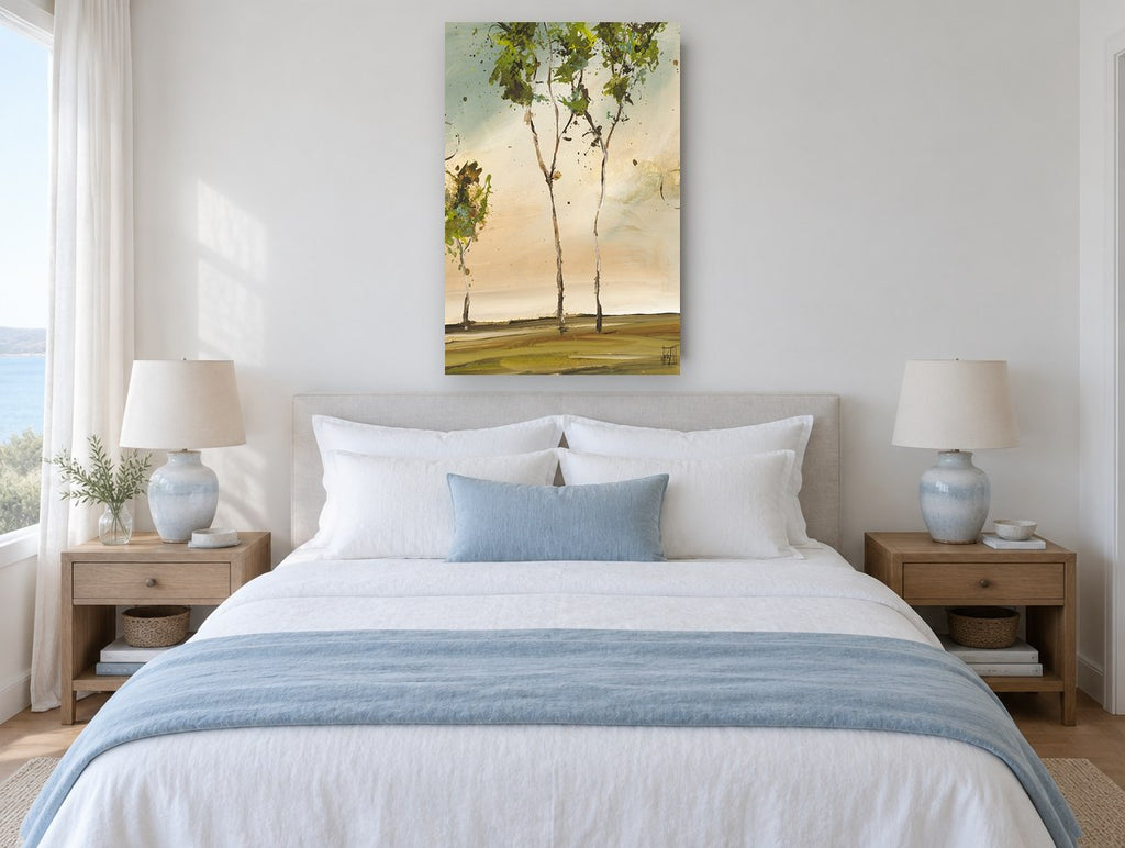 Three Slender Trees landscape canvas print on the wall of a bedroom