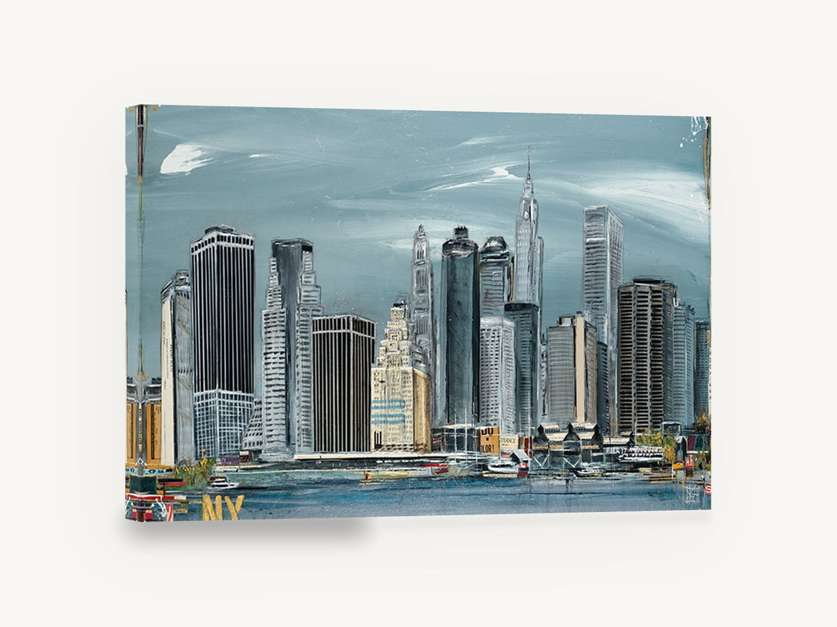 Lower Manhattan Steel Sky, lower manhattan skyline painting style, city canvas wall art print ready to hang