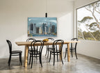 Lower Manhattan Steel Sky city canvas print on the wall of a dining room