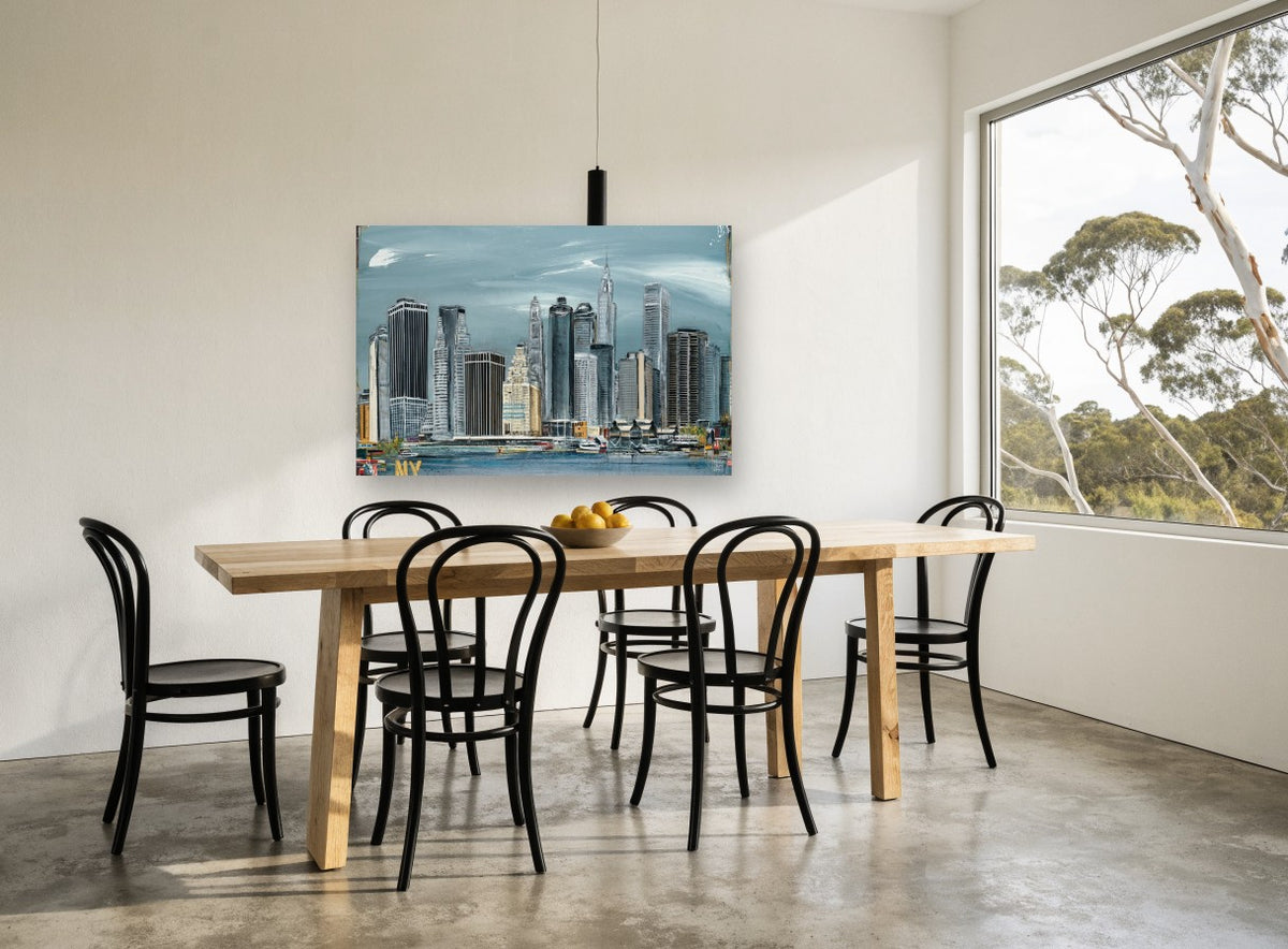 Lower Manhattan Steel Sky city canvas print on the wall of a dining room