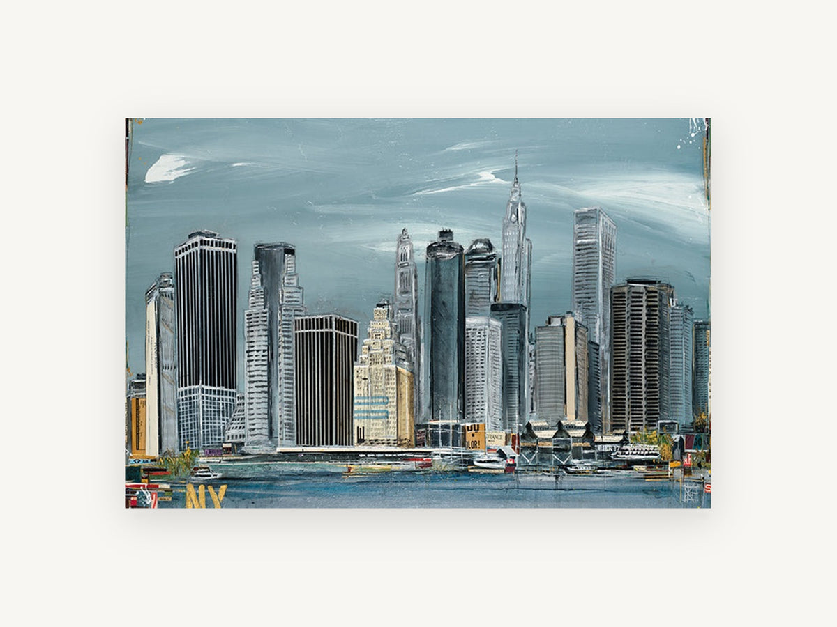 Lower Manhattan Steel Sky, lower manhattan skyline painting style, city canvas wall art print, front view