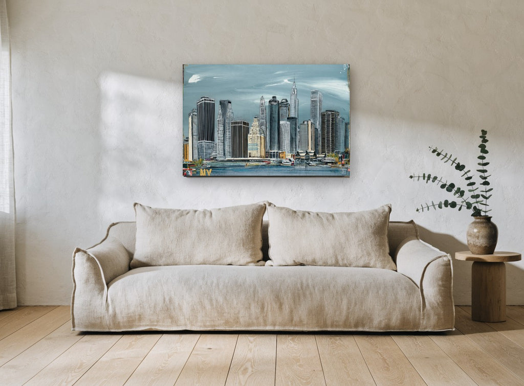 Lower Manhattan Steel Sky city canvas print on the wall of a living room