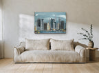Lower Manhattan Steel Sky city canvas print on the wall of a living room