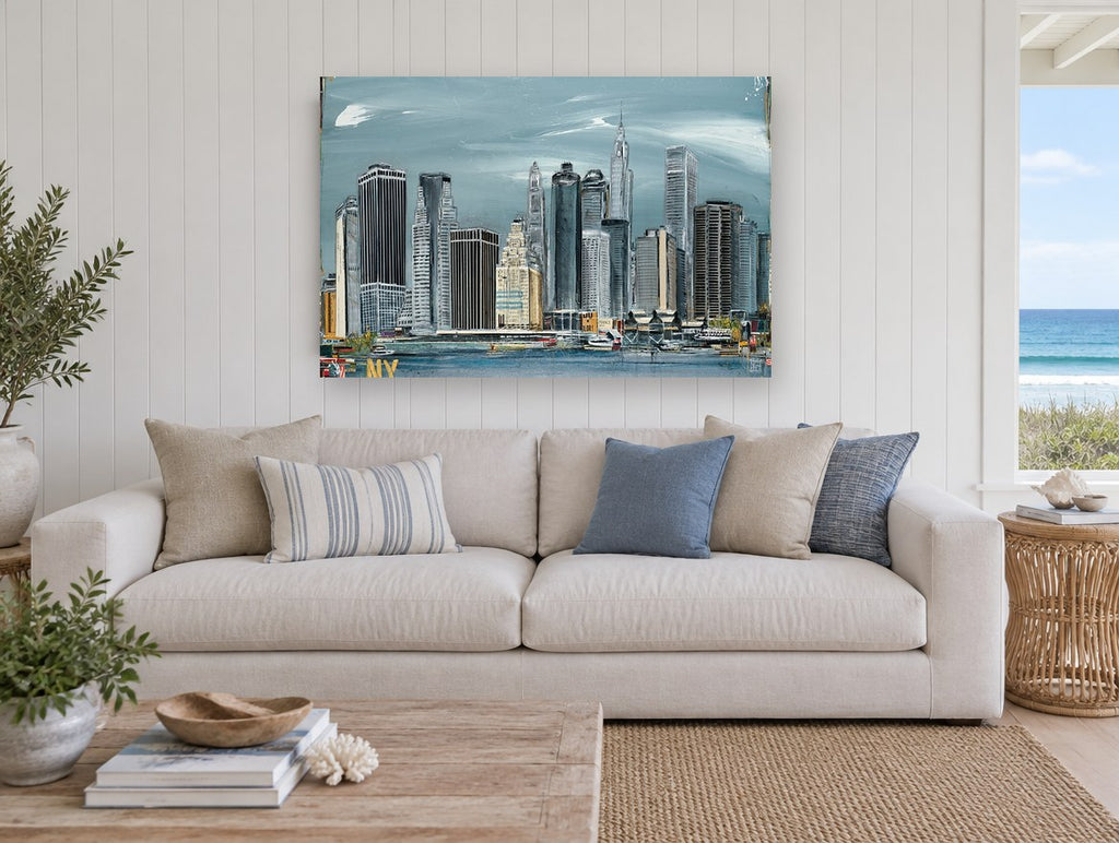 Lower Manhattan Steel Sky city canvas print on the wall of a beach house living room