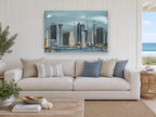 Lower Manhattan Steel Sky city canvas print on the wall of a beach house living room