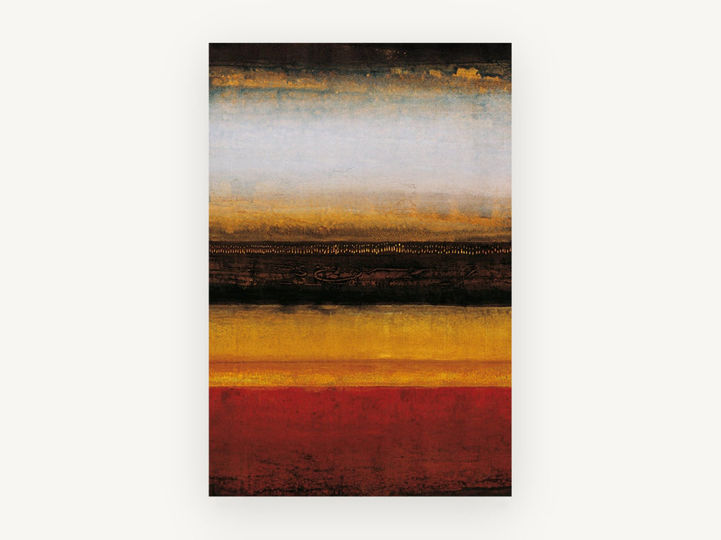 Ember Horizon Bands, warm striped abstract landscape, landscape canvas wall art print, front view