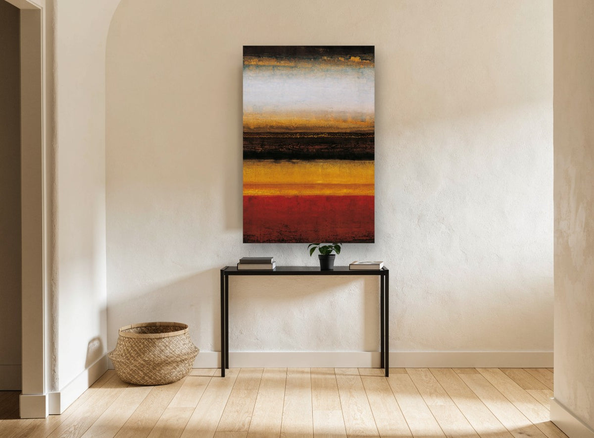 Ember Horizon Bands landscape canvas print on the wall of a hallway
