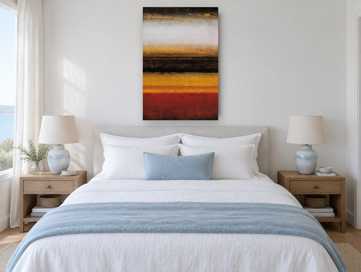 Ember Horizon Bands landscape canvas print on the wall of a bedroom