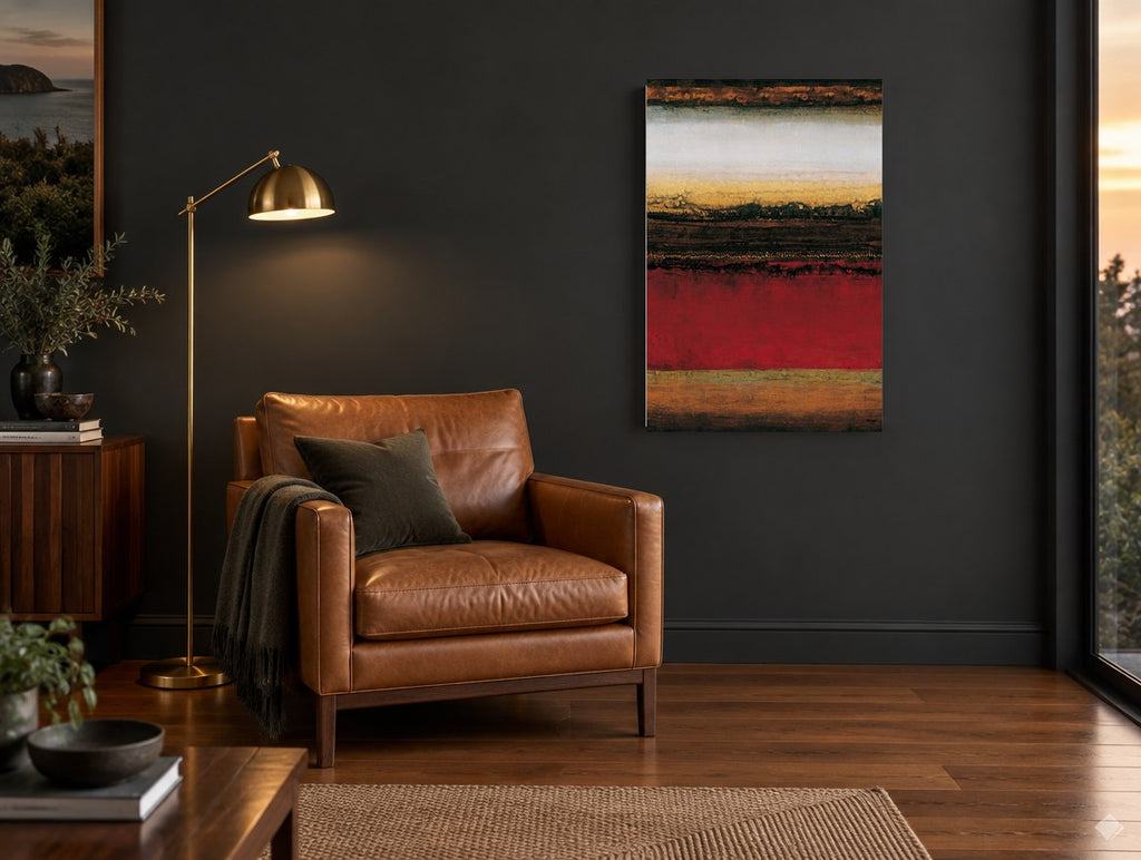 Crimson Desert Bands landscape canvas print on the wall of a charcoal living room
