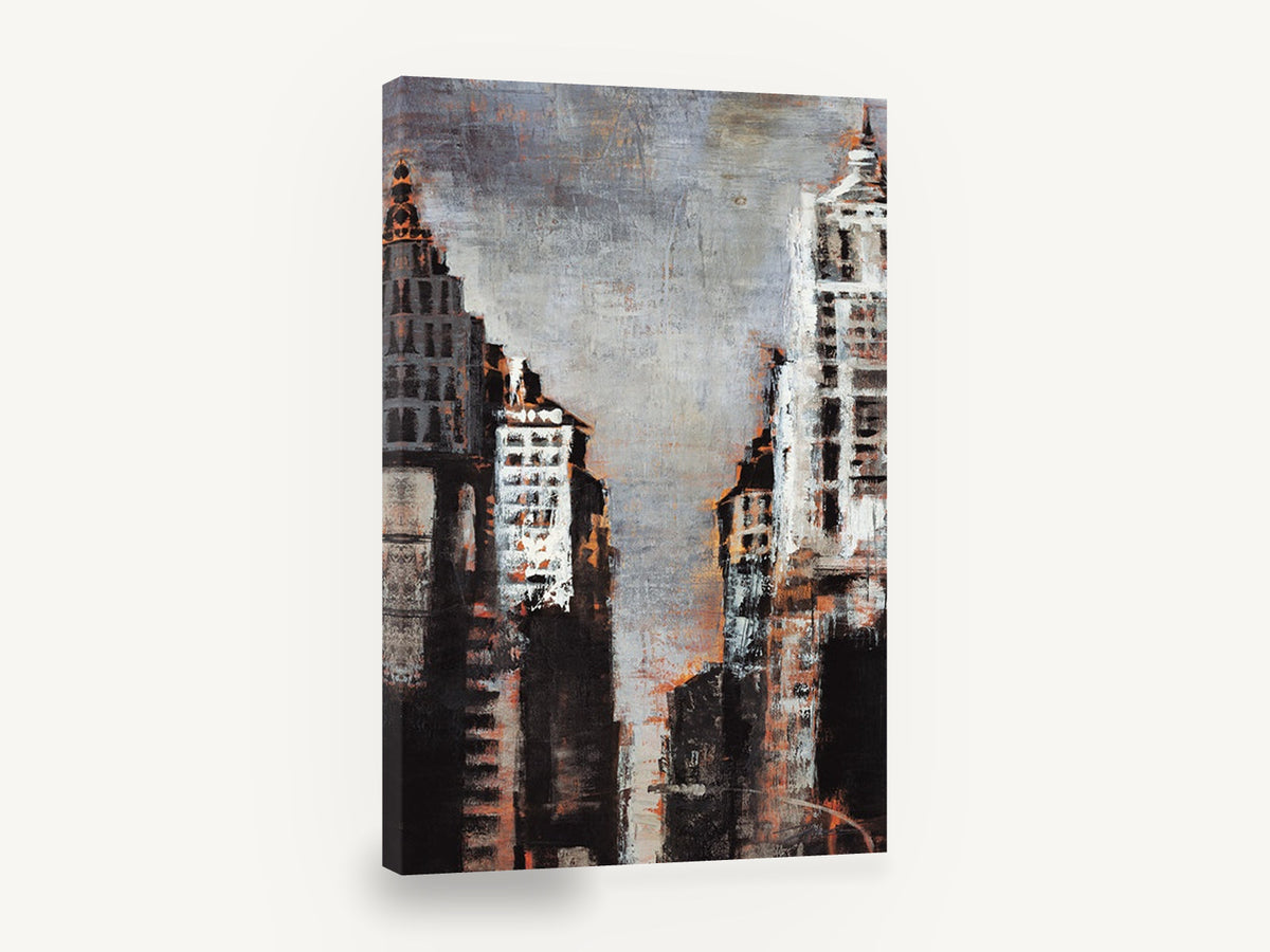 Rust Canyon Towers, abstract new york skyscrapers in rust and grey, city canvas wall art print ready to hang