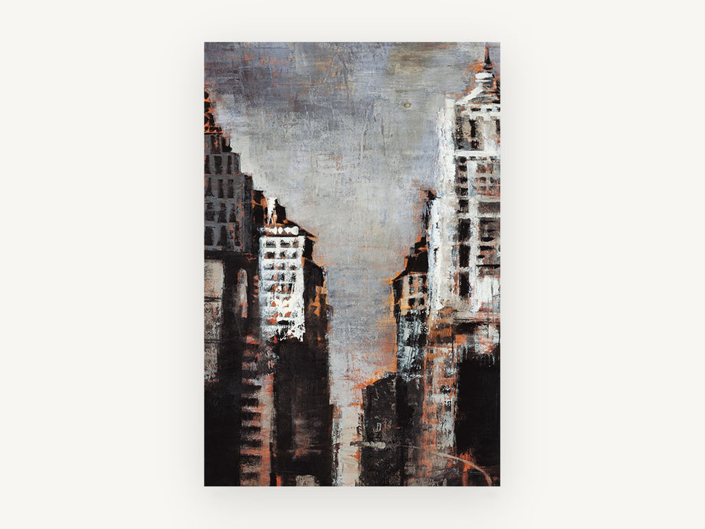Rust Canyon Towers, abstract new york skyscrapers in rust and grey, city canvas wall art print, front view