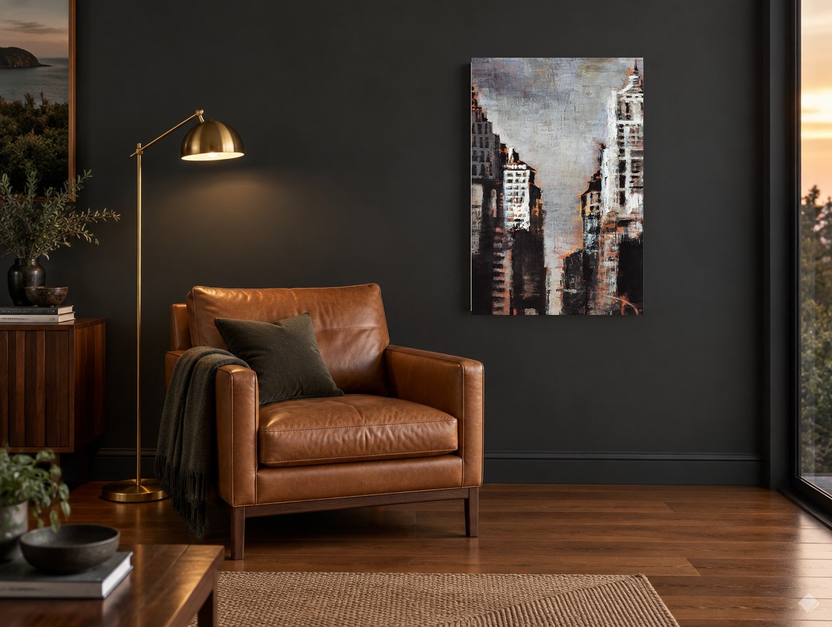 Rust Canyon Towers city canvas print on the wall of a charcoal living room