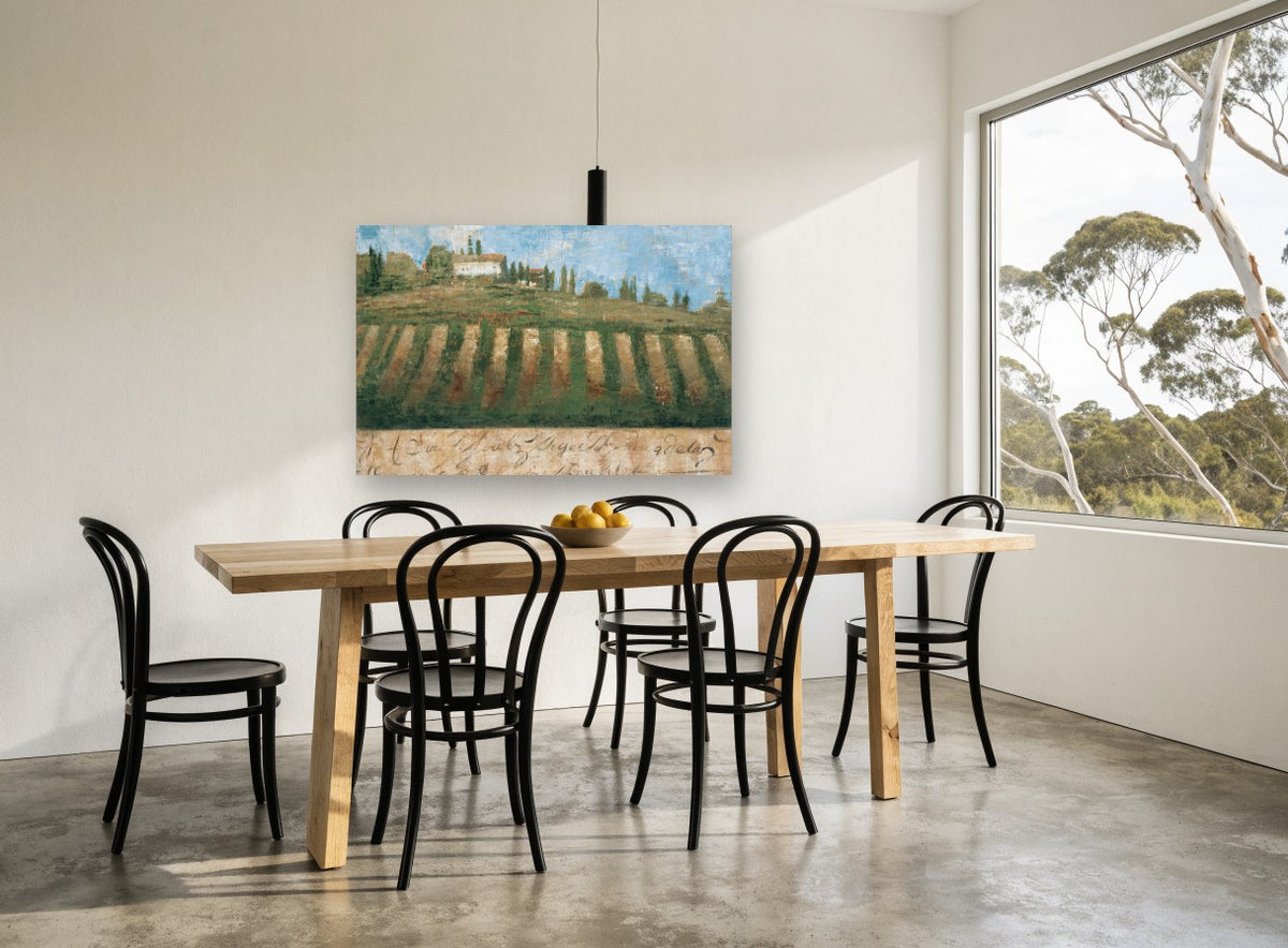 Hilltop Vineyard Rows landscape canvas print on the wall of a dining room