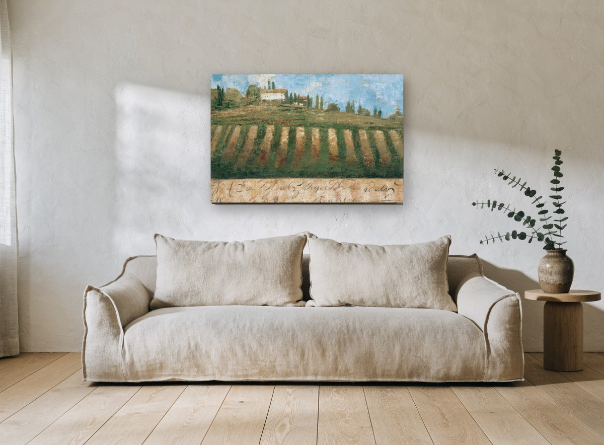Hilltop Vineyard Rows landscape canvas print on the wall of a living room