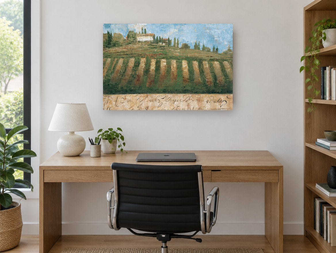 Hilltop Vineyard Rows landscape canvas print on the wall of a study