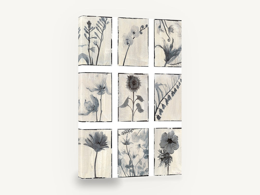 Nine Grey Botanical Panels, grey botanical study grid panels, floral canvas wall art print ready to hang